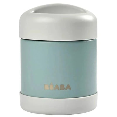 10Oz stainless steel insulated food jar by Beaba in Eucalyptus color, featuring a white lid and a modern design.