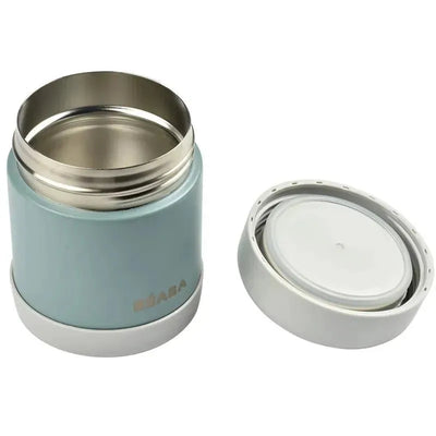 10oz stainless steel insulated food jar in eucalyptus color, with a removable lid, showcasing inner metal lining.