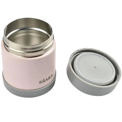 10oz stainless steel insulated food jar by Beaba in rose color, featuring an open lid and silver interior.