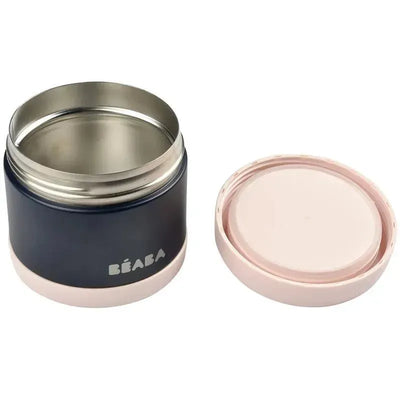 Stainless steel 16 oz jar by Beaba in midnight blue and pink, with the lid beside the jar.
