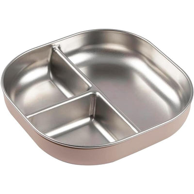 Stainless steel divided plate by Beaba in cotton candy color, featuring three sections for food separation.