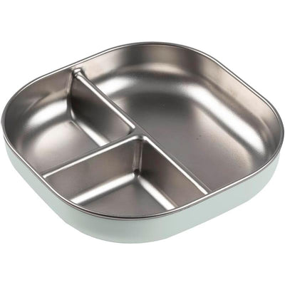 Stainless steel divided plate in misty green, featuring three compartments for serving food.