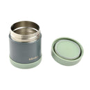 Beaba 10 oz stainless steel insulated food jar in sage color, with a removable lid beside it.