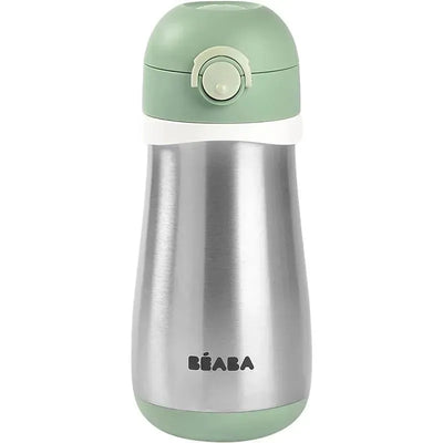 Stainless steel kids water bottle by Beaba in sage color with a green cap and a white accent.