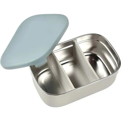 Stainless steel lunch box by Beaba with a light blue lid and three compartments inside.
