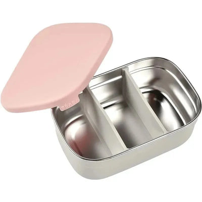 Stainless steel lunch box by Beaba in rose color, featuring a divided interior and a soft pink lid.