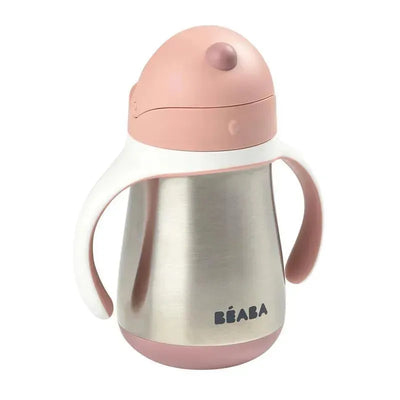 Stainless steel sippy cup by Béaba in rose, featuring an ergonomic design, soft handles, and a spill-proof lid.