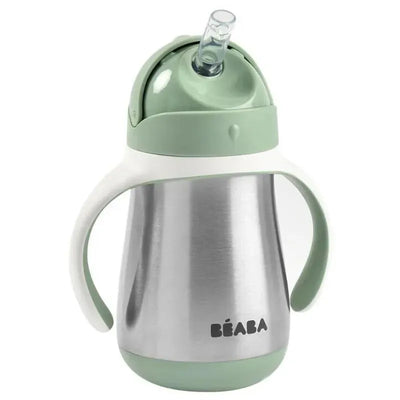 Stainless steel sippy cup by Beaba in sage green, featuring a straw and ergonomic handles for easy use.