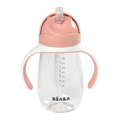 Straw sippy cup in rose color with transparent body, measuring marks, and dual handles for easy grip.