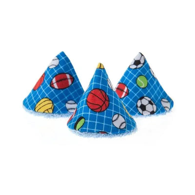 Three cone-shaped blue fabric pee-pee teepees for boys, decorated with various sports balls.