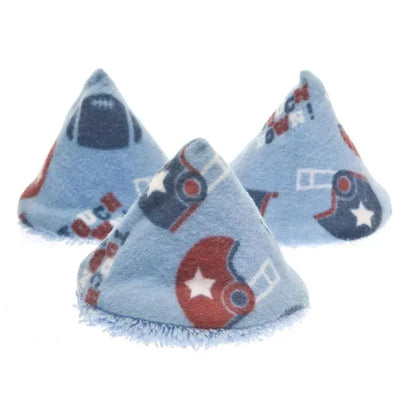 Three blue fleece pee-pee teepees with football and helmet designs, ideal for preventing mess during diaper changes.