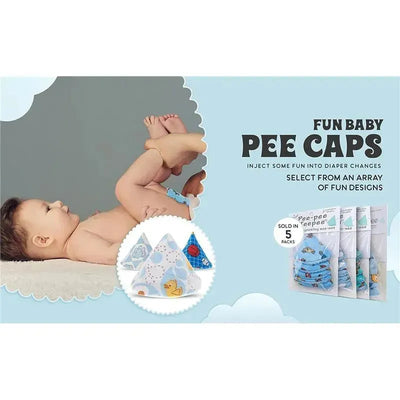 Fun Baby Pee Caps by Beba Bean, featuring colorful teepees for diaper changes, displayed alongside a playful baby.