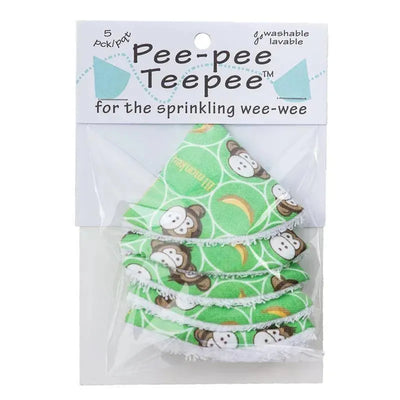 Pee-Pee Teepee set in a cellophane bag, featuring five green fabric covers with monkey designs for baby boys.