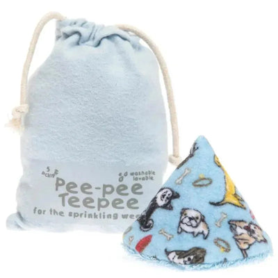 Reusable Pee-Pee Teepee for boys in blue fabric with dog prints, packaged in a matching drawstring bag.