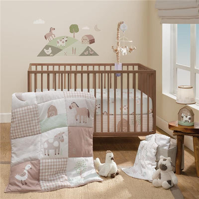 Nursery featuring Bedtime Originals 3-pack Farmyard Friends crib bedding set with quilt, mattress cover, and plush toys.
