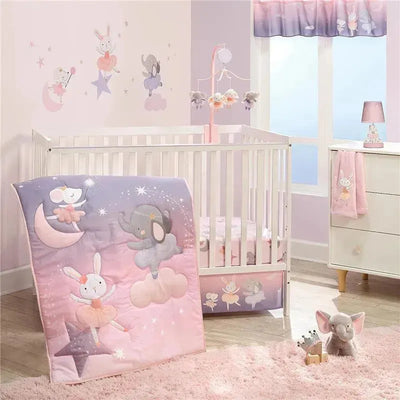 Ballet-themed crib bedding set featuring cute animal characters, a blanket with a bunny and elephant, and pastel decor.
