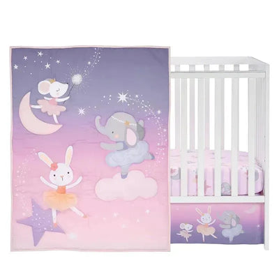 Ballet-themed crib bedding set featuring whimsical animals in tutus and a soft pastel color scheme.