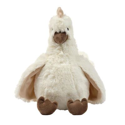 Plush chicken stuffed animal with soft white body, tan wings, and a brown beak, named Peep from Bedtime Originals.