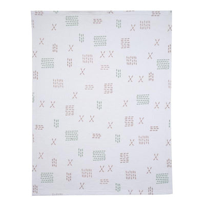 Soft white fleece baby blanket with colorful patterns of squares and stitches, ideal for comforting infants.