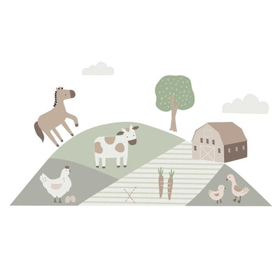 Farm-themed wall decals featuring a horse, cow, chicken, barn, tree, and vegetables, ideal for nursery decor.