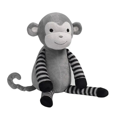 Plush gray monkey toy with a friendly face, striped arms and legs, seated in a relaxed position.