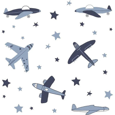 Wall decals featuring various airplane designs in shades of blue and gray, interspersed with star shapes.