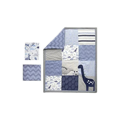 Three-piece crib bedding set in blue and gray featuring a patchwork quilt with dinosaur designs, two coordinating sheets.