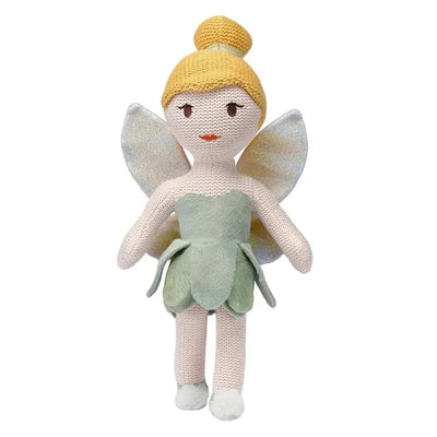Tinker Bell plush knit doll with a yellow bun, green dress, and iridescent wings, suitable for cuddling.