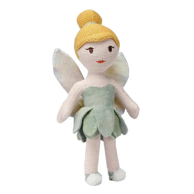 Plush knit Tinker Bell doll with a yellow bun, green dress, and glittery wings, designed for children.