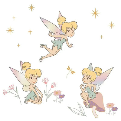 Tinker Bell wall decals featuring three playful poses of the fairy surrounded by flowers and stars.