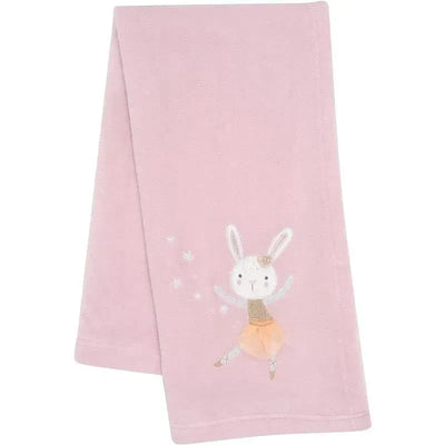 Tiny Dancer Baby Blanket in soft pink, featuring a bunny ballerina design with a tulle tutu and sparkly details.