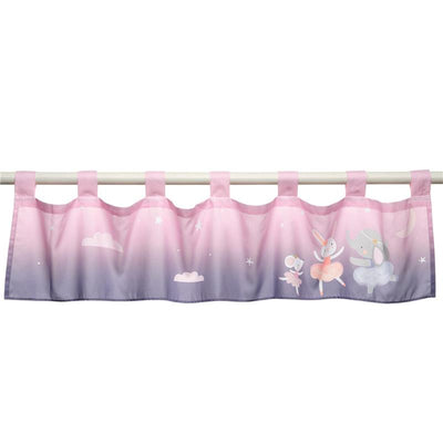 Pink and purple window valance featuring ballet animal motifs, including rabbits and mice, with stars and clouds.
