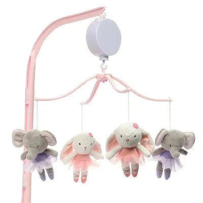 Musical mobile featuring four plush ballet animals, including elephants and a bunny, in pink and gray hues.