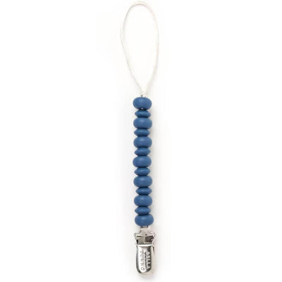 Azure blue pacifier clip with silicone beads and a clip for secure attachment, designed for baby use.
