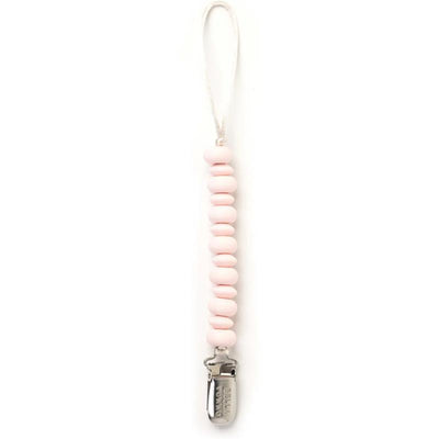 Ballet-style pacifier clip in soft pink silicone beads with a silver metal clasp, designed to hold pacifiers securely.