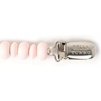 Ballet pacifier clip by Bella Tunno featuring a series of pink silicone beads and a silver metal clip.