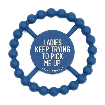 Ladies Pick Me Up Teether by Bella Tunno, a blue silicone teether with a round center and textured exterior.