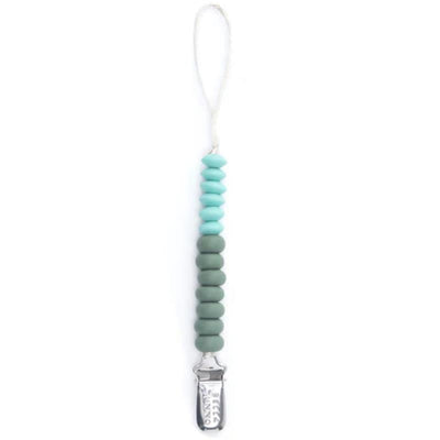 Moss Duo Pacifier Clip by Bella Tunno featuring soft silicone beads in shades of green and mint with a metal clip.