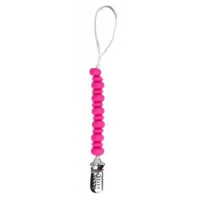 Punch pacifier clip by Bella Tunno, featuring pink silicone beads and a silver metal clip for secure attachment.