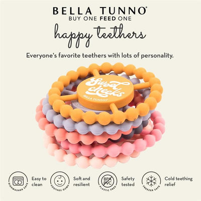 Bella Tunno silicone teethers in various colors stacked, promoting teething relief for babies with safety features.