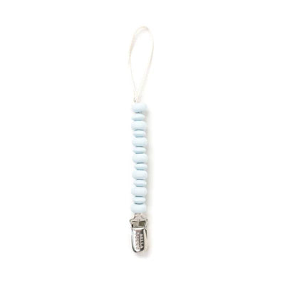 Sky blue pacifier clip with silicone beads and a metal clasp, designed to secure pacifiers.
