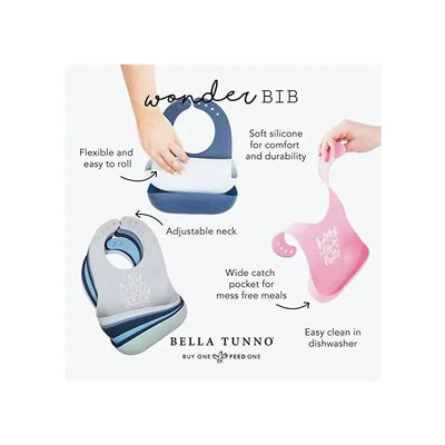 Wonder Bib by Bella Tunno in blue and pink, featuring flexible silicone, adjustable neck, and a wide catch pocket for mess-free meals.