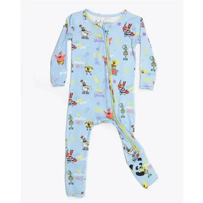 Bamboo footie featuring colorful Spongebob Squarepants characters and positive messages on a light blue background.
