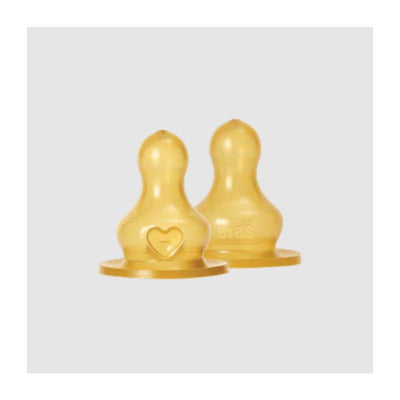 Latex bottle nipples from Bibs in a pack of two, featuring a heart design and a soft, rounded shape.