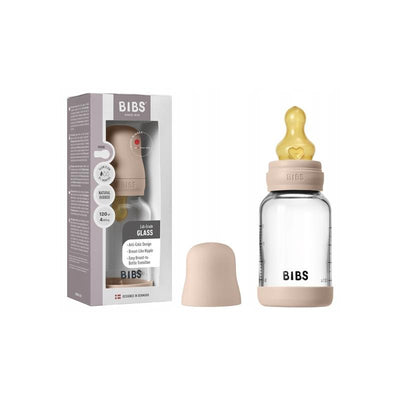 Baby 4oz latex glass bottle with blush bumper, nipple, and packaging highlighting features like anti-colic design.