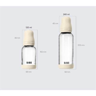 BIBS 4Oz latex glass baby bottles displayed side by side with measurements, showcasing sizes of 120 ml and 240 ml.
