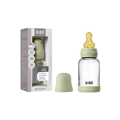 Baby 4oz latex glass bottle by Bibs in sage color, featuring an anti-colic design and a natural rubber nipple.