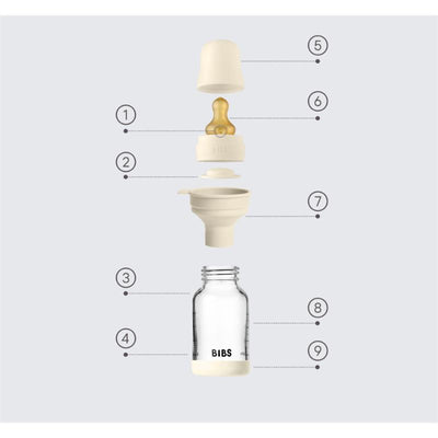 4Oz latex glass baby bottle with bumper in sage, featuring detachable parts labeled for assembly and use.