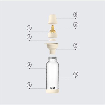 Baby 8Oz latex glass bottle by Bibs in blush color, showcasing its parts and assembly instructions.