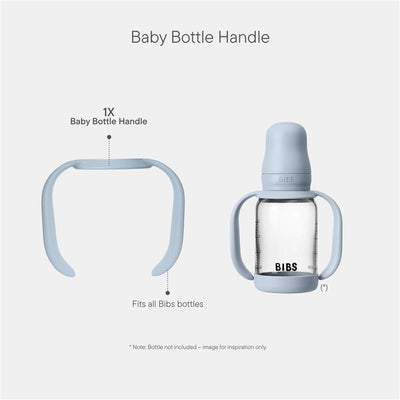 Baby Blue handle designed for Bibs baby bottles, shown next to a bottle with the handle attached.